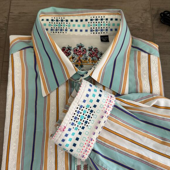 Mens Robert Graham Tan Green Striped Embroidered Button Up Flip Cuff  Shirt 2XL - Picture 1 of 10